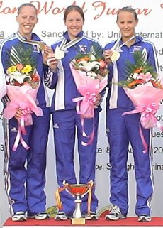 Mhairi Spence, Sarah Gomersall and Louise Helyer winning Gold at the Junior World Championships, Shanghai, 2006